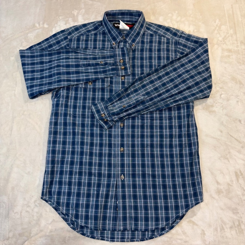 Wrangler Riggs Workwear Mens Blue Plaid Button Down Shirt Medium 3W620NV